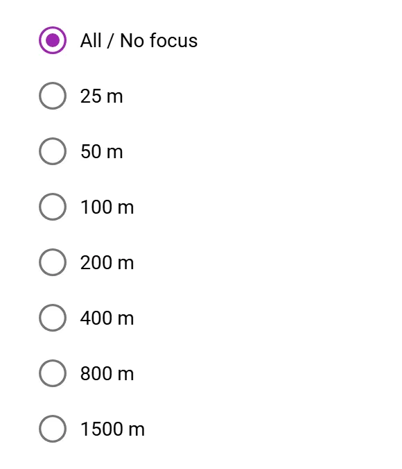 Selecting a focus distance from 25 m to 1500 m